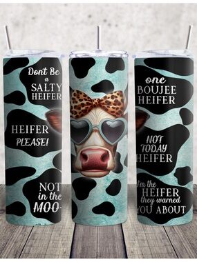 Hand Crafted Teal Cow Print Stainless Tumbler with Leopard Bow Cow